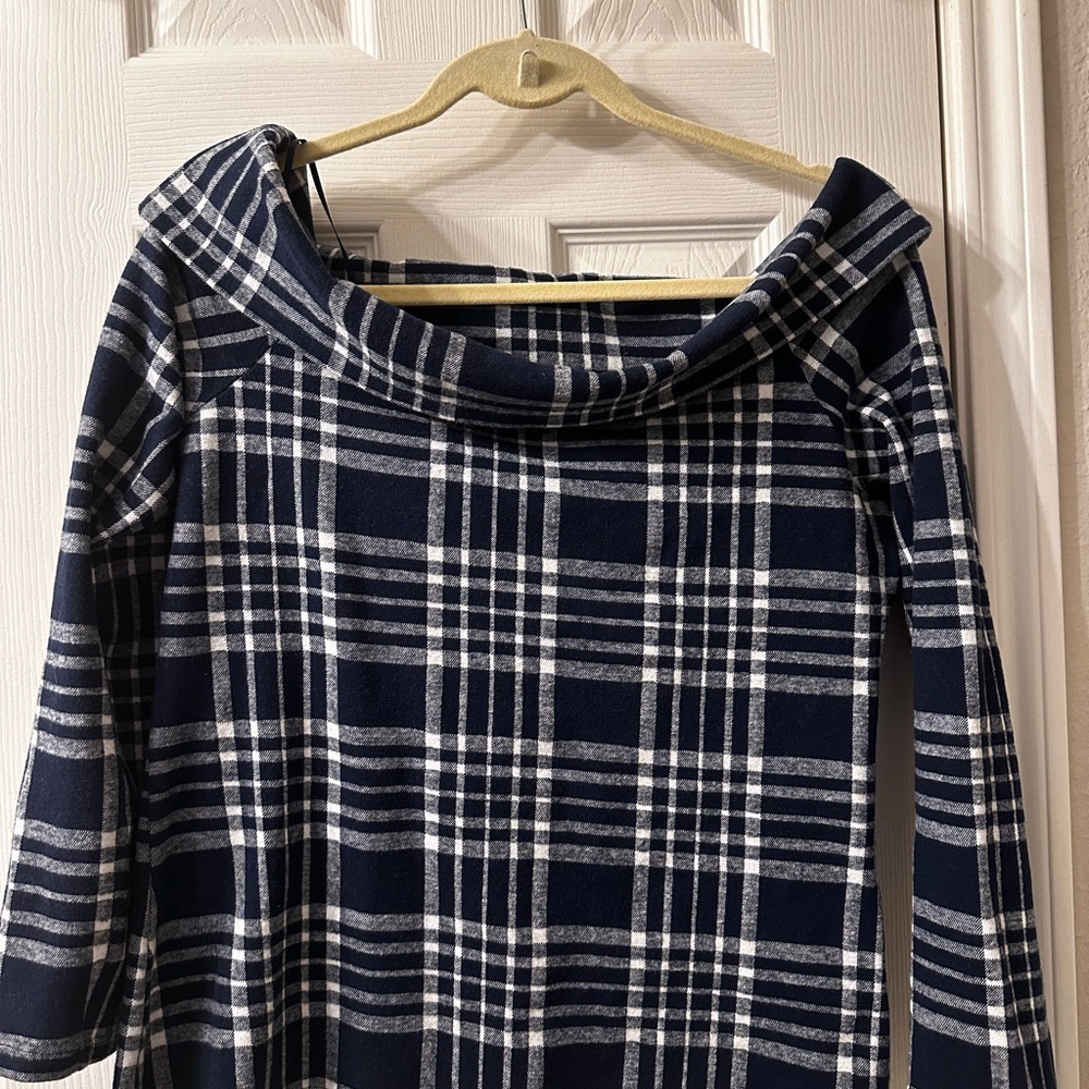 Navy and White Plaid Off-Shoulder Top. boat neck